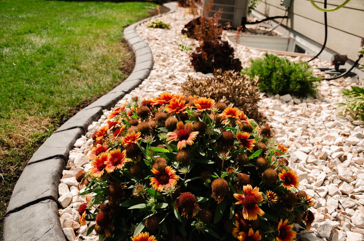 Decorative landscape edging freshly installed along a residential walkway